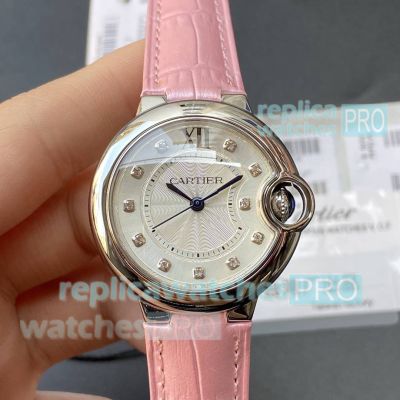 TW Factory Cartier Ballon Bleu Replica Watch White Dial 33mm Pink Leather Strap 